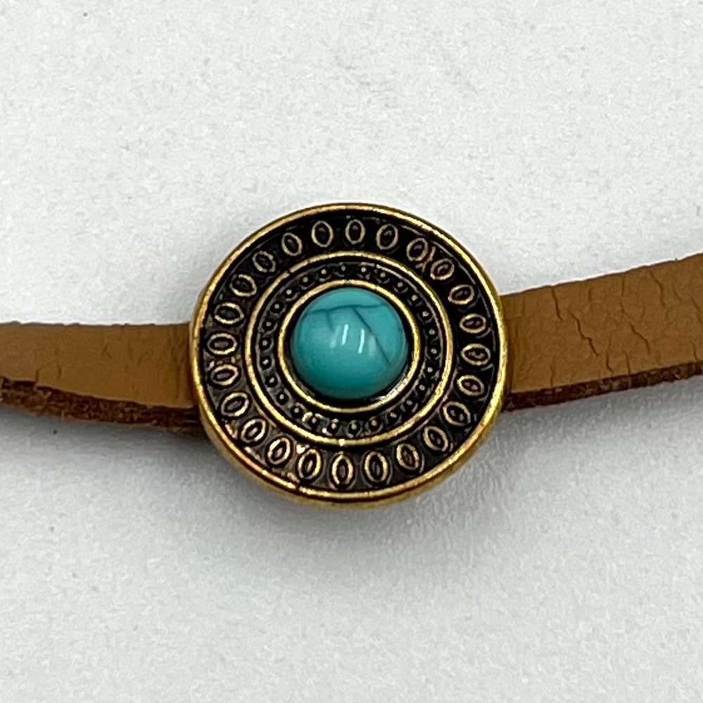 Vintage Boho Brown Faux Leather Choker Necklace Turquoise Stone Gold Tone 80s - Picture 4 of 9